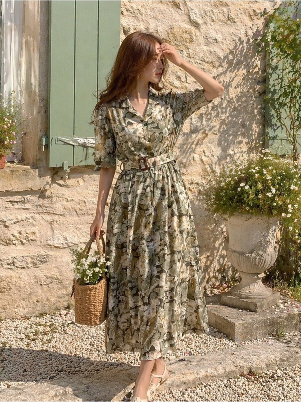 Vintage Style Floral Midi Dress Olive Green Belted Cottagecore Prairie Dress